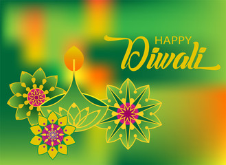 Green Happy Diwali vector on blur background. Beautiful deepavali  lamp and rangoli designs. © Carla Nichiata