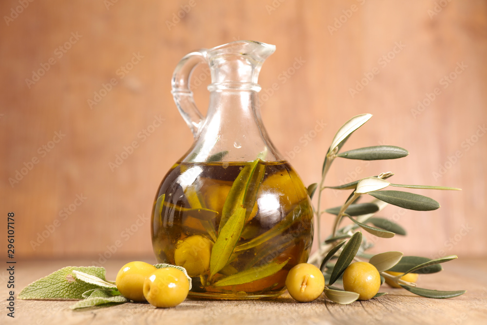 Sticker bottle of olive oil and herbs