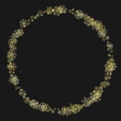 Gold snowflakes frame on black background. New year theme. Stylish shiny Christmas frame for holiday banner, card, sales, special offers. Falling snow with gold snowflakes and glitter for party invite