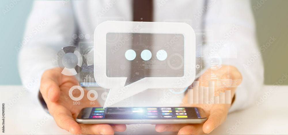 Poster view of a businessman holding a message icon with data in background - 3d rendering