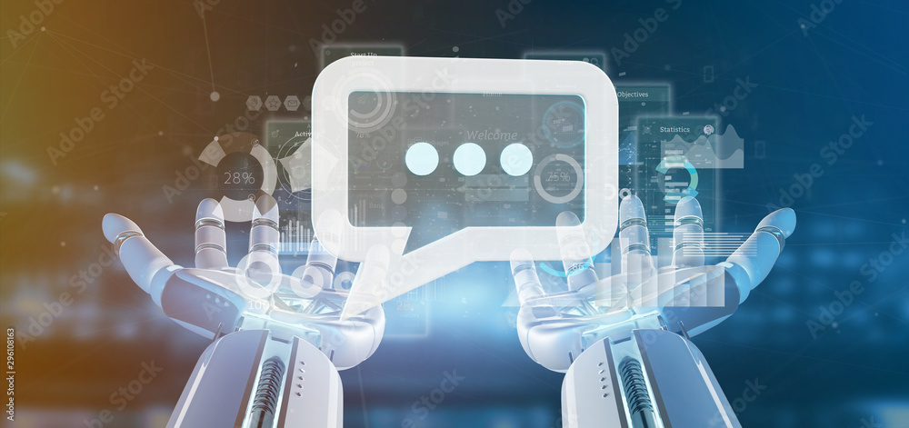 Poster view of a cyborg hand holding a message icon with data in background - 3d rendering