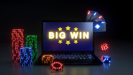 Online Gambling Big Win Concept With Glowing Neon Lights, Poker Cards and Poker Chips Isolated On The Black Background - 3D Illustration