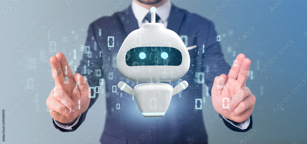 Poster businessman holding chatbot with binary code 3d rendering