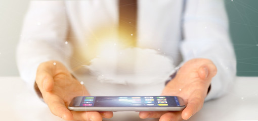 Businessman holding a Weather forecast Sun and cloud 3d rendering