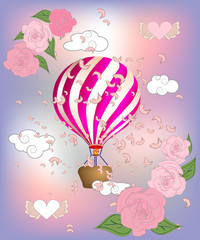 Air balloon with roses in the basket and ribbon with signature I really love you Valentines day illustration