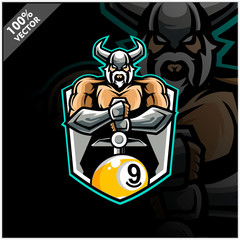 Vector sport logo, Viking illustration and billiard ball 9 on shield background. Logo for sport club or team. Vector illustration	