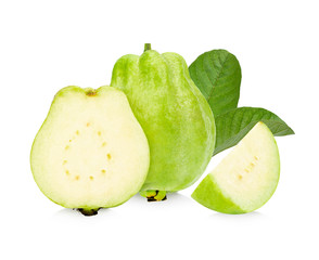 Guava fruit with leaves on the white background.