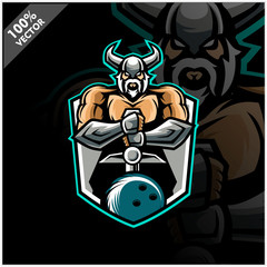 Vector sport logo, Viking illustration and bowling on shield background. Logo for sport club or team. Vector illustration	