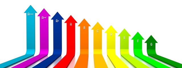 3D energy efficiency chart - power/ electricity saving concept - A+++, A++, A+, A, B, C, D, E, F, G