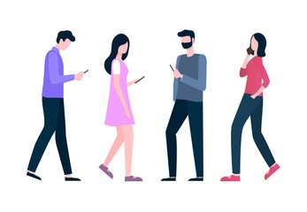 People communication with gadget, man and woman holding phone, texting and talking, full length view of going person with modern equipment vector
