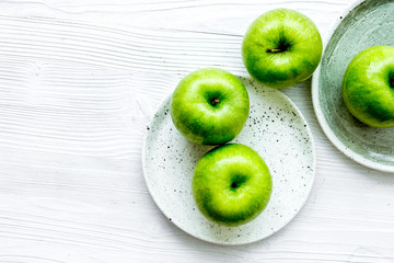 summer food with green apples on white background top view mock up