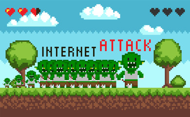 Obraz premium Atak hakera na interfejs gry Pixel. Postacie potworów trolli hakerskich, włamujących się do Internetu. E-mail spam wirusy włamania na konta bankowe. Pikselowana scena ataku przestępczości internetowej. Oszustwa internetowe i kradzieże