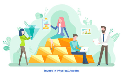 Invest in physical assets, precious and diamond savings. Man and woman consulting and accounting, financial technology, company income, graph report vector
