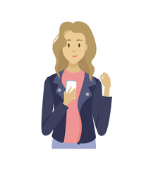 Woman character using phone, female closeup and portrait view holding mobile, person communication with wireless device, dating element, gadget vector