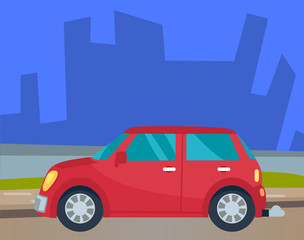 Red car on the road in urban landscape. Personal automobile riding down street with huge buildings and skyscrapers on background, vehicle and cityscape vector