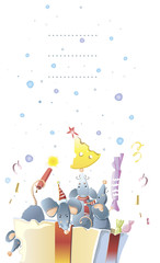 Postcard  of New year mice, rats in a box with a gift  sweets,  cheese Christmas tree, sketch vector graphic color illustration on white background with a place for lettering.