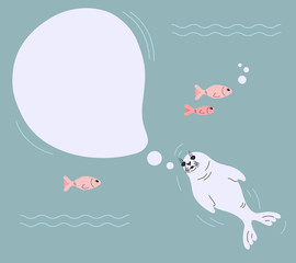 Seal pup with speech bubble on neutral background with fish, bubbles and waves. Vector illustration with swimming seal animal in a flat style. Isolated design element with copy space for kids.