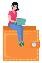 Female worker with laptop sitting on top of brown wallet, girl working on computer, business-woman earning money, entrepreneur, financial success vector