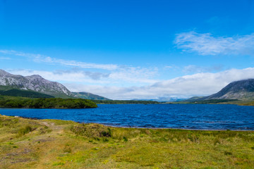 Fototapeta na wymiar Panorama lake with mountains in connemara national park in Ireland