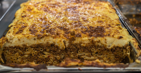 Pasticcio on a plate, Pasta with bechamel, Greek food