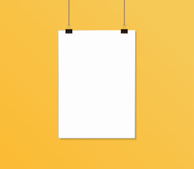 White poster mock up hanging on rope with paper clips near yellow wall. Blank Canvas Mockup design template. Vector illustration. EPS 10