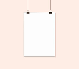 White poster mock up hanging on rope with paper clips near pale Pink color wall. Blank Canvas...