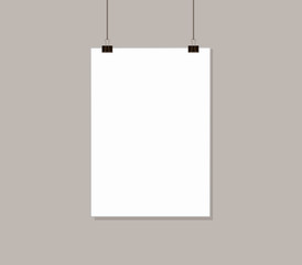 White poster mock up hanging on rope with paper clips near grey wall. Blank Canvas Mockup design template.