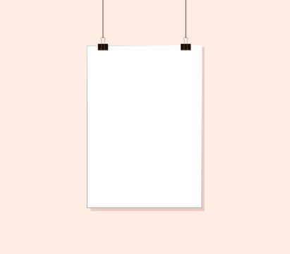 White poster mock up hanging on rope with paper clips near pale Pink color wall. Blank Canvas Mockup design template.