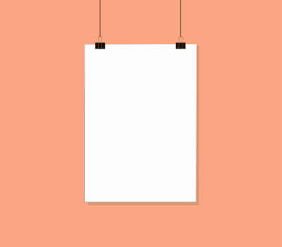White poster mock up hanging on rope with paper clips near Pink peach color wall. Blank Canvas Mockup design template.