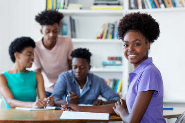 Beautiful african american female student learning at desk at school