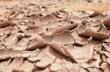 side view of natural background with texture of earth and sand covered cracks and detached parts from the drought