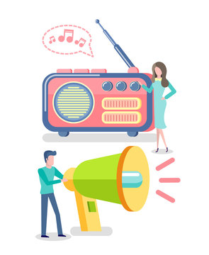 Megaphone Loudspeaker Vector, People Couple Listening To Radio Audio Music Or News. Mass Media For Entertainment, Listeners Standing By Big Devices