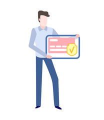 Plastic credit-card and buyer, advertisement of banking system. Man with business card in hands isolated . Vector money transfer, payment and exchange