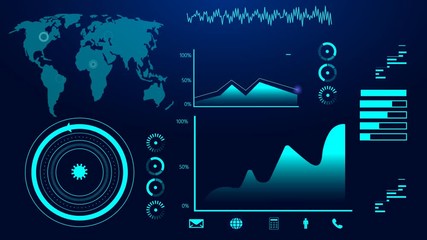 Futuristic hologram Hud, rotating target with computer data screen are shown. It can be applied for tech title, space monitor, news headline screensaver. Sales growth, stock market jumps are possible. - Powered by Adobe