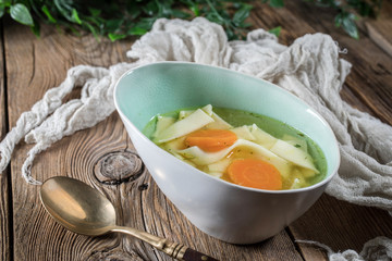 Broth - chicken soup in a bowl.