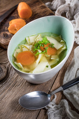 Broth - chicken soup in a bowl.