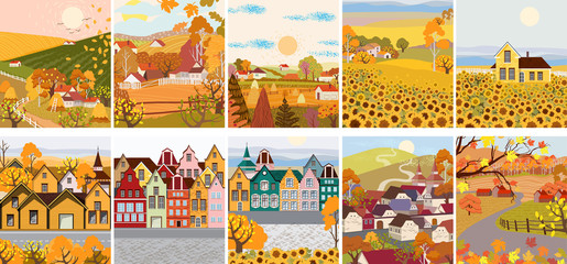 Pack of cartoon flat village with sunflower, old town buildings