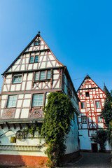 Street in old German town with traditional medieval timber framing houses