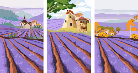 Pack of lavender field with mill, village and green tree © castecodesign