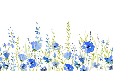 Seamless border with rustic gentle blue flowers. Botanical background design for textile, wallpaper, print. Isolated on white background. Watercolor illustration - 296116193