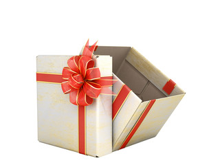White open Square new year Gift Box with Red Ribbon and Bow 3d render on white no shadow