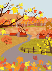 Cartoon flat countryside village in autumn season