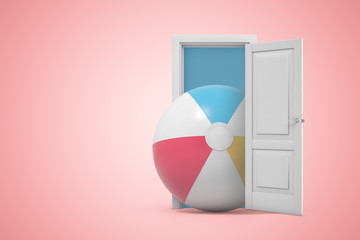3d rendering of huge inflatable ball emerging from white door on pink gradient copy space background.