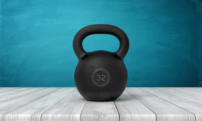 Obraz na płótnie Canvas 3d rendering of five 32 kg kettlebell on white wooden floor and dark turquoise background