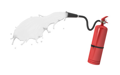 3d rendering of red fire extinguisher discharging jet of white liquid isolated on white background.