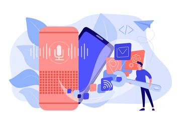 Smart speaker with apps icons and developer with wrench. Smart assistant applications, voice application platform, voice assistant development concept. Vector isolated illustration.