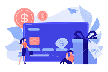 Debit card, gift box and users. Online card payment and plastic money, bank card purchase and shopping, e-commerce and secure bank saving concept. Vector isolated illustration.