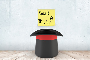 3d close-up rendering of black top hat on wooden floor near wall with yellow sticky note that reads...