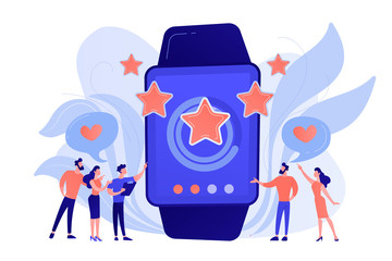 Users with hearts like huge smartwatch with rating stars. Luxury smartwatch, fashion watch and luxury lifestyle concept on white background. Pinkish coral bluevector isolated illustration