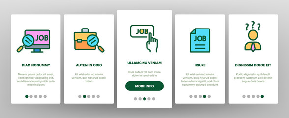Job Hunting Onboarding Mobile App Page Screen Vector Thin Line. Magnifier With Suitcase And Computer, Web Site And Businessman Job Hunting Concept Linear Pictograms. Illustrations